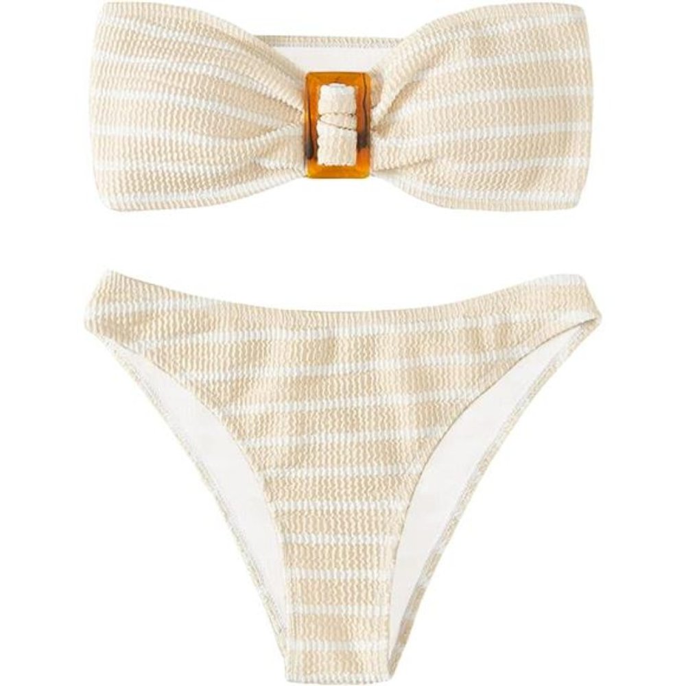 Women's 2 Piece Striped Swimsuit Strapless Bandeau High Waisted Bikini Suit